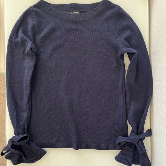 Banana Republic Filpucci Merino Wool Blend Navy Sweater Tie Sleeves Size M - Picture 3 of 6